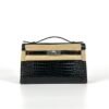 Hermes Shiny Porosus Crocodile Kelly Pochette 22CM CK89 Noir Silver Hardware