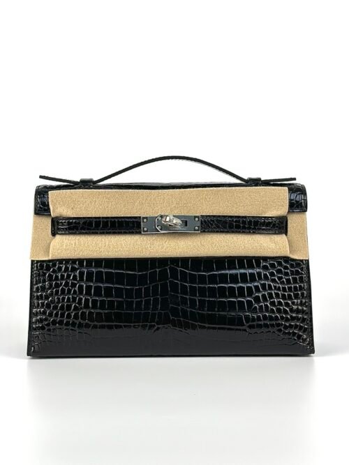 Hermes Shiny Porosus Crocodile Kelly Pochette 22CM CK89 Noir Silver Hardware