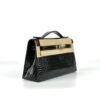 Hermes Shiny Porosus Crocodile Kelly Pochette 22CM CK89 Noir Silver Hardware