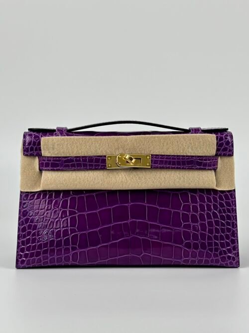 Hermes Bag Shiny Alligator Crocodile Kelly Pochette 22CM 5L Ultraviolet Gold Hardware