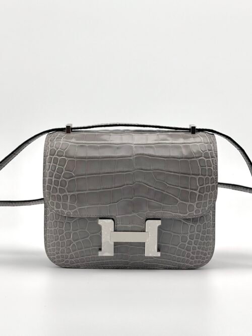 Taiwan Hermes Shiny Alligator Crocodile Constance 18CM CK81 Gris Tourterelle Silver Hardware