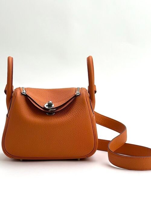Hermes Bag Images Clemence Leather 9T Fue Orange Mini Lindy 19CM Silver Hardware