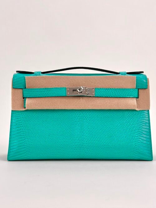 Hermes Bag Price Lizard Leather Kelly Pochette 22CM U1 Vert Verone Silver Hardware
