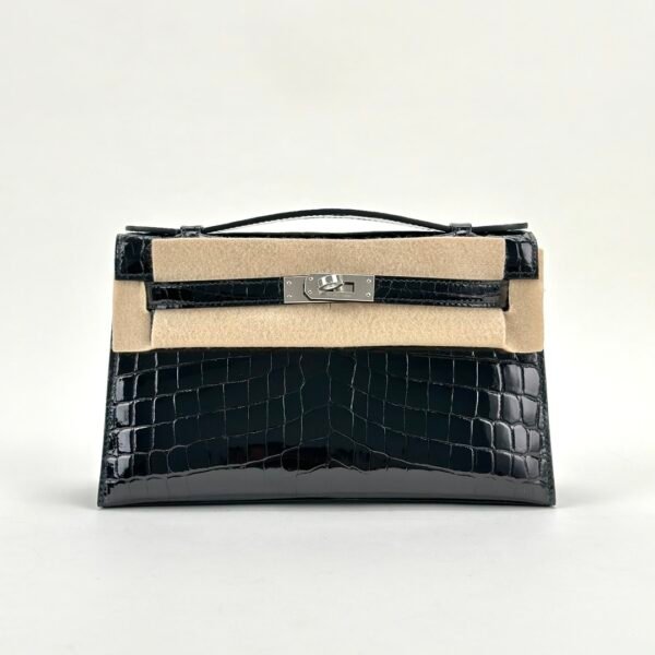 UAE Dubai Hermes Kelly Pochette 22CM Shiny Niloticus Crocodile CK89 Noir Silver Hardware