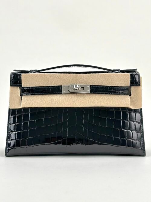 UAE Dubai Hermes Kelly Pochette 22CM Shiny Niloticus Crocodile CK89 Noir Silver Hardware