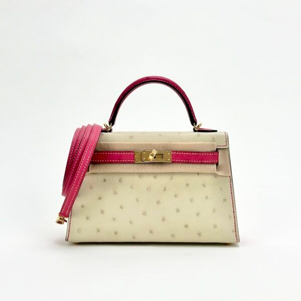 wsxc1729525855188_0-1 Hermes Mini Kelly 19CM Bag Ostrich Leather 3C Parchemin / E5 Rose Tyrien Gold Hardware
