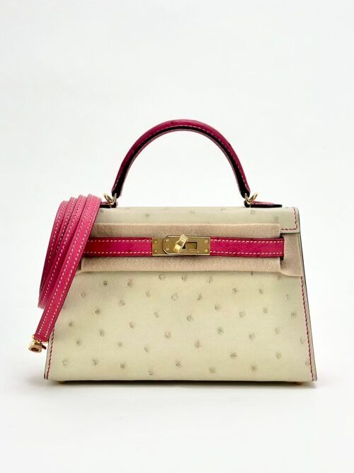 Hermes Mini Kelly 19CM Bag Ostrich Leather 3C Parchemin / E5 Rose Tyrien Gold Hardware