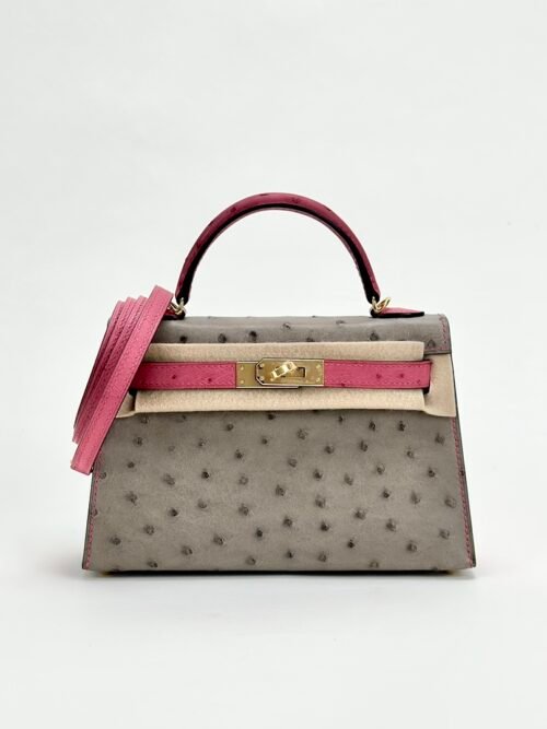 UAE Dubai Hermes Ostrich Mini Kelly 19CM M8 Gris Asphalt / E5 Rose Tyrien Gold Hardware