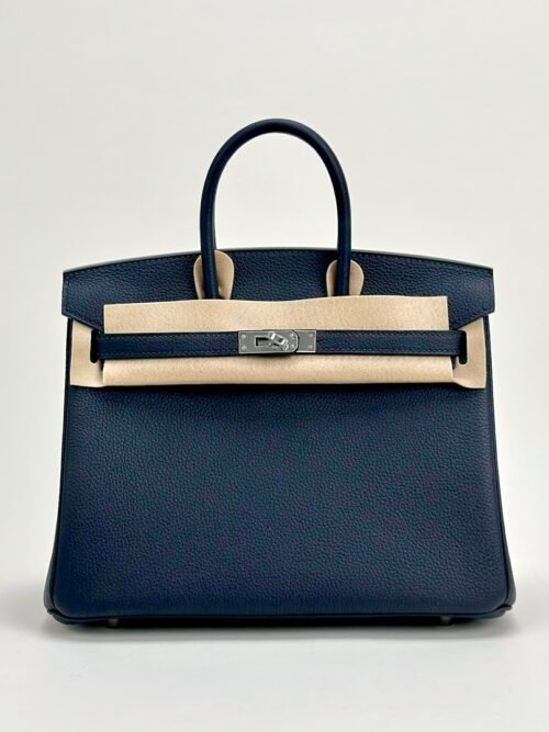 UK London Hermes Birkin 25CM 2Z Blue Nuit Togo Leather Silver Hardware