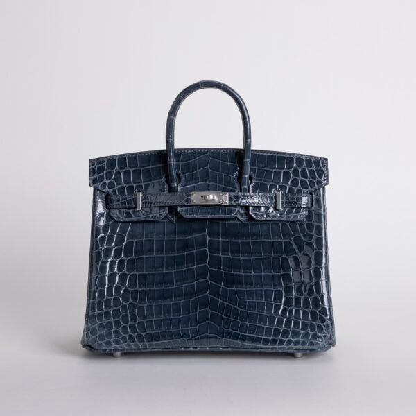 UK London Hermes Birkin 25CM Shiny Niloticus Crocodile N7 Blue Tempete Silver Hardware