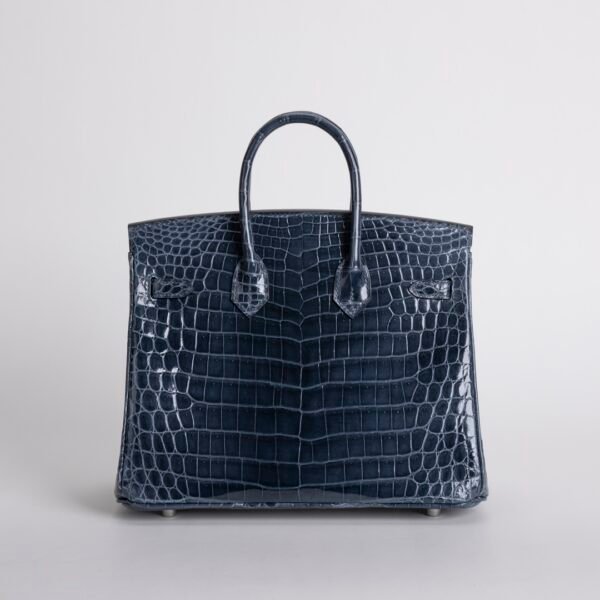 UK London Hermes Birkin 25CM Shiny Niloticus Crocodile N7 Blue Tempete Silver Hardware