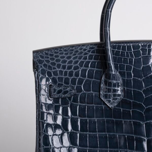 UK London Hermes Birkin 25CM Shiny Niloticus Crocodile N7 Blue Tempete Silver Hardware