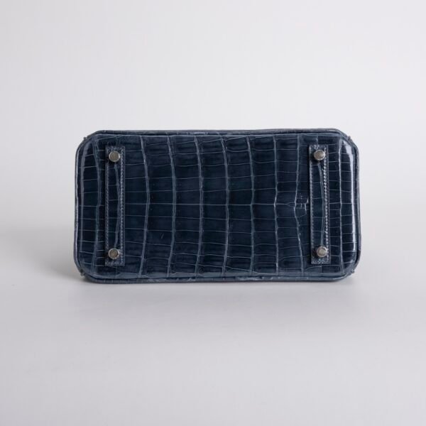 UK London Hermes Birkin 25CM Shiny Niloticus Crocodile N7 Blue Tempete Silver Hardware