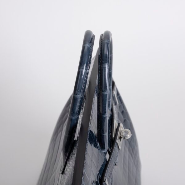 UK London Hermes Birkin 25CM Shiny Niloticus Crocodile N7 Blue Tempete Silver Hardware