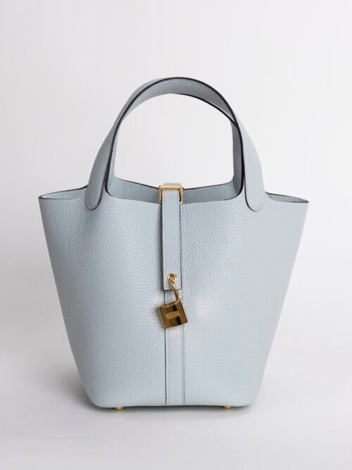 Handmade Picotin 18CM Bag 08 Blue Pale Clemence Leather Gold Hardware