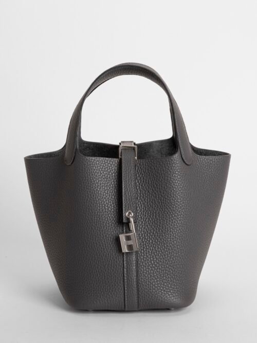 Full Handmade Picotin Bag 18CM CK88 Gris Graphite Clemence Leather Silver Hardware