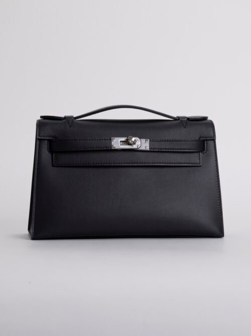 Full Handmade Kelly Pochette 22cm Swift Leather CK89 Noir Silver Hardware