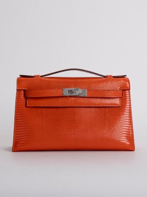 Women’s Luxury Bag Kelly Pochette 22CM Lizard Leather CK93 Orange Silver Hardware