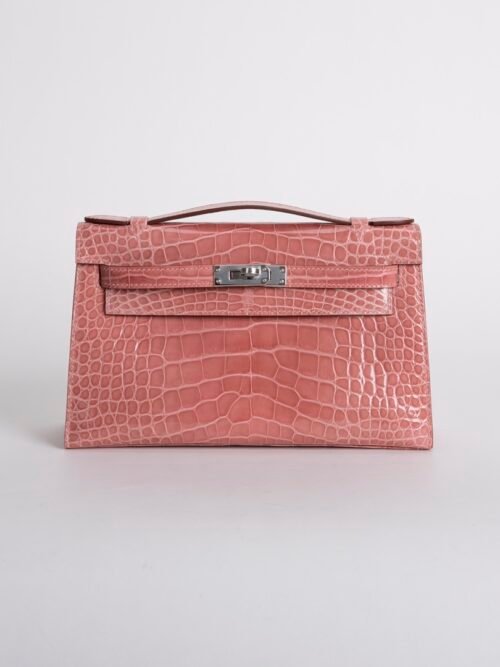 Women’s Eveving Bag Shiny Alligator Crocodile Kelly Pochette 22CM CK94 Terre Cuite Silver Hardware
