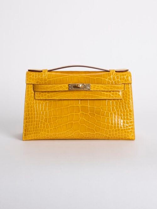 Handmade Bag 9D Jaune Amber Shiny Alligator Crocodile Kelly Pochette 22CM Gold Hardware