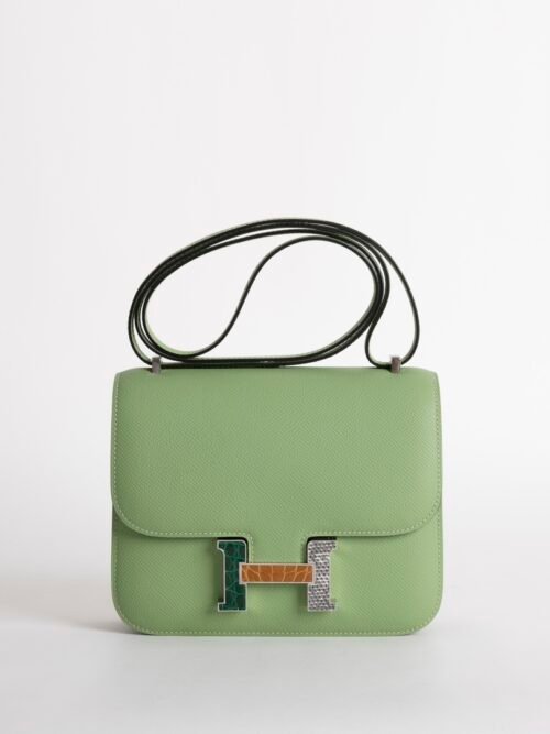 Luxury Shoulder Bag Constance 18CM 3I Vert Criquet Epsom Leather Lizard Buckle