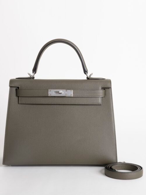 UK London Kelly Sellier 28CM Epsom Leather C6 Vert De Gris Silver Hardware