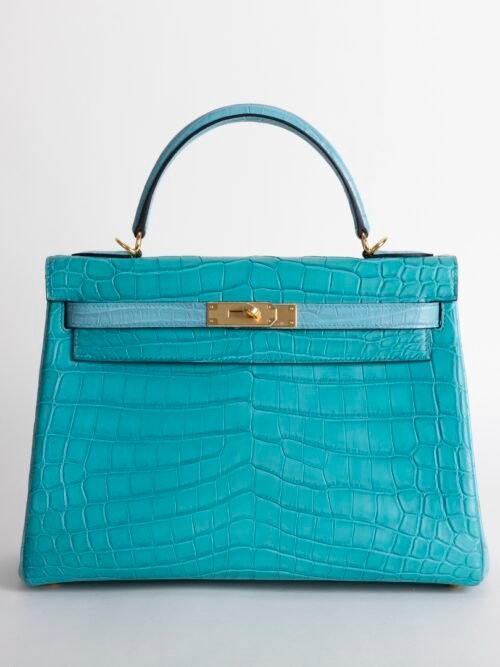 Handmade Hermes Kelly 32CM Matte Niloticus Crocodile 7F Blue Paon / 3Z Blue Saint Cyr Gold Hardware