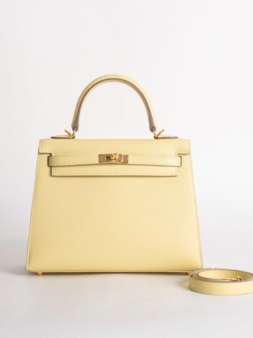 Full Handmade 1Z Jaune Poussin Epsom Leather Kelly Seller 25CM Gold Hardware