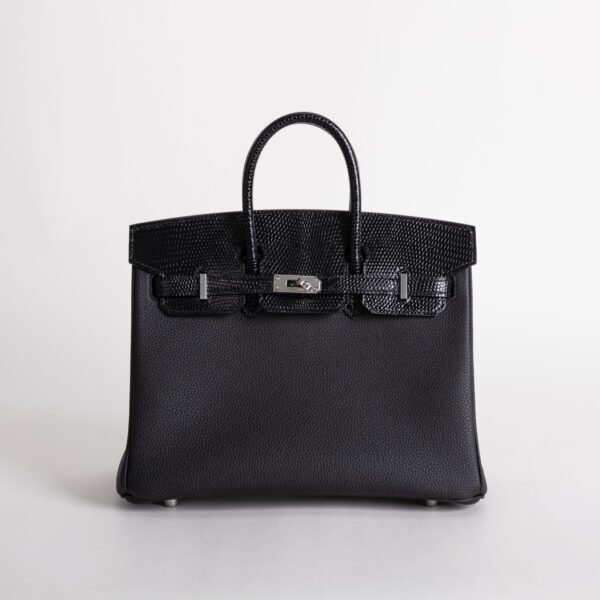 Full Handmade Hermes Birkin Touch 25CM CK89 Noir Togo / Lizard Leather Silver Hardware