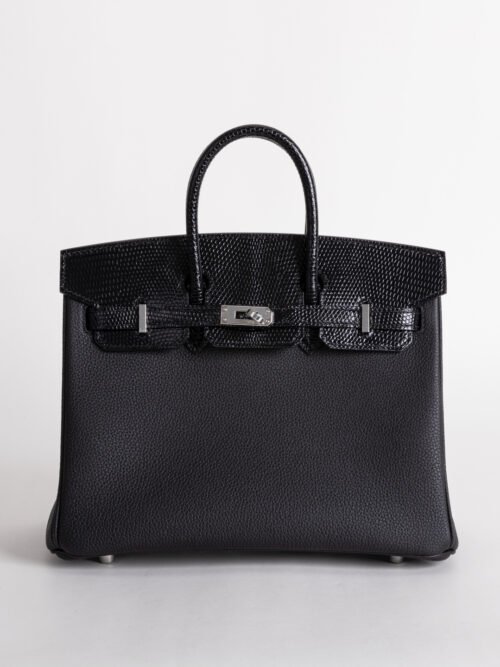 Full Handmade Hermes Birkin Touch 25CM CK89 Noir Togo / Lizard Leather Silver Hardware