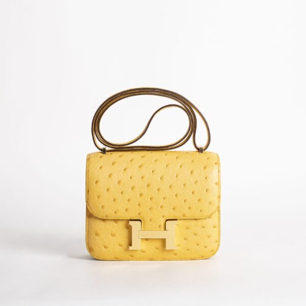 Women’s Shoulder Bag Hermes Ostrich Constance 18CM 9D Jaune Amber Gold Hardware